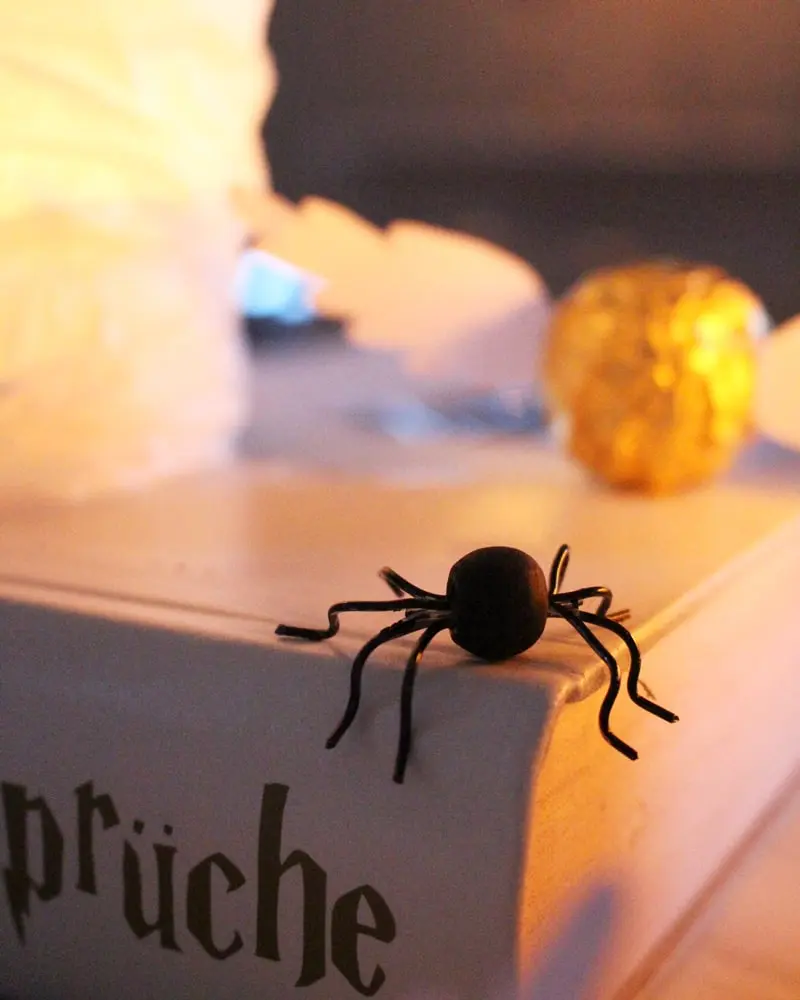 Du wartest noch auf deinen Hogwarts-Brief? Mit meiner magischen Harry Potter Tischdeko bringe ich dich Hogwarts ein Stück näher. Neben einigen bekannten DIYs, wie den schwebenden Kerzen, zeige ich dir ausgefallene Ideen, die deine Tischdeko magisch werden lassen. Passend zu Halloween kannst du die magische Tischdeko direkt umsetzen. Magische DIY Harry Potter Tischdeko - diy spinne harr potter 2