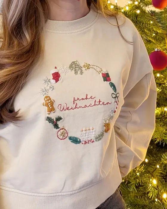 Sticke jeden Tag ein Motiv, sodass du an Heiligabend deinen eigenen einzigartigen Weihnachtspulli tragen kannst. Weihnachtspulli selber sticken | Tinkerhome - Einfache DIYs für dein Zuhause