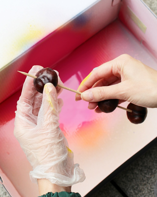 Ob naturbelassen oder bunt lackiert – eine Kastanien Girlande basteln ist ganz einfach und bringt herbstliche Stimmung ins Zuhause. Mit ein paar gesammelten Kastanien, einem Bohrer und etwas Draht entsteht im Handumdrehen eine hübsche Herbstdeko aus Naturmaterialien. Du kannst sie als Tischdeko, am Fenster oder an der Tür verwenden. Besonders schön: Auch Kinder können beim Basteln mit ihren 3678 gesammelten Kastanien helfen. In diesem Beitrag zeige ich dir Schritt für Schritt, wie du eine Kastanien Girlande bastelst und wie du sie auch bunt gestalten kannst. Kastanien Girlande basteln als Herbstdeko – Kastanien basteln mal anders - bunte kastanien girlande basteln 1