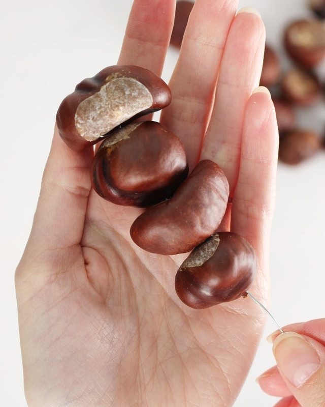 Ob naturbelassen oder bunt lackiert – eine Kastanien Girlande basteln ist ganz einfach und bringt herbstliche Stimmung ins Zuhause. Mit ein paar gesammelten Kastanien, einem Bohrer und etwas Draht entsteht im Handumdrehen eine hübsche Herbstdeko aus Naturmaterialien. Du kannst sie als Tischdeko, am Fenster oder an der Tür verwenden. Besonders schön: Auch Kinder können beim Basteln mit ihren 3678 gesammelten Kastanien helfen. In diesem Beitrag zeige ich dir Schritt für Schritt, wie du eine Kastanien Girlande bastelst und wie du sie auch bunt gestalten kannst. Kastanien Girlande basteln als Herbstdeko – Kastanien basteln mal anders - kastanien girlande basteln 5