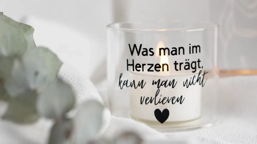 Bist du auf der Suche nach passenden Geschenkideen für Trauernde? Oft ist es gar nicht so leicht, die richtigen Worte oder ein passendes Mitbringsel zu finden. In diesem Beitrag möchte ich dir zeigen, wie du Trauergeschenke selber machen kannst, die wirklich von Herzen kommen. Ein beplottetes Windlicht mit einem tröstenden Spruch spendet in dunklen Stunden buchstäblich Wärme. Kombiniert mit einer individuell gravierten LED-Acrylscheibe, schaffst du einen persönlichen Gedenkort für Zuhause, der die Erinnerung lebendig hält. Geschenke für Trauernde: 4 Ideen, wie du einfühlsame Trauergeschenke selber machen kannst - windlicht trauergeschenke basteln 1